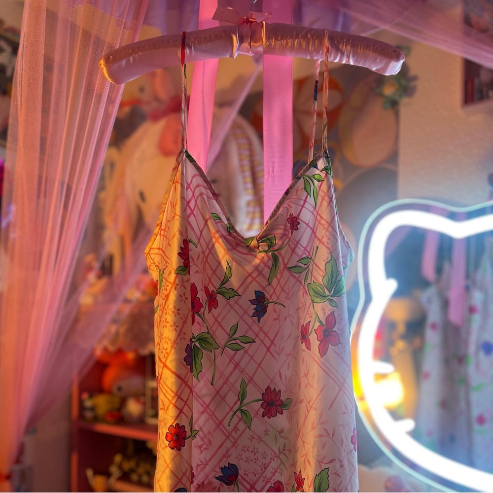 Floral Slip Dress Pink Green Accents